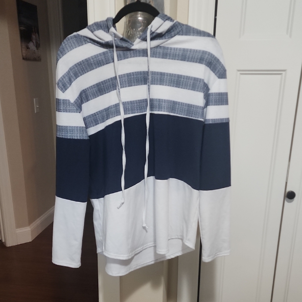 Blue and White Striped Hoodie Sweatshirt